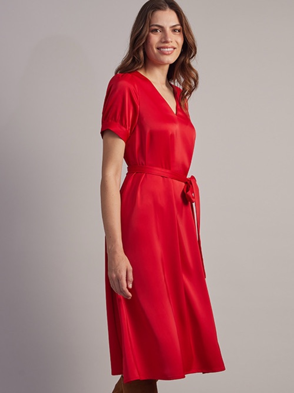 Classic Red V-Neck Tie-Waist Midi Dress